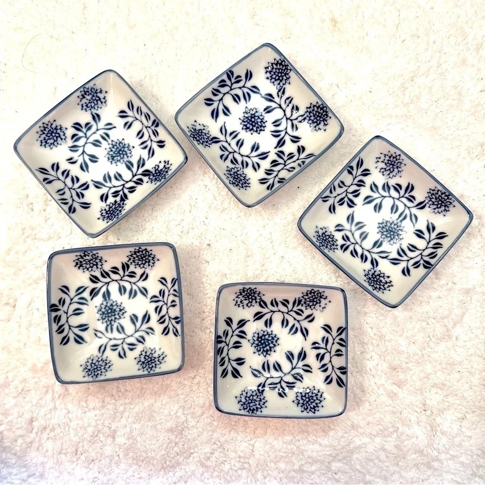 PIER 1 Hand Painted Porcelain Blue floral small square dish set of 5